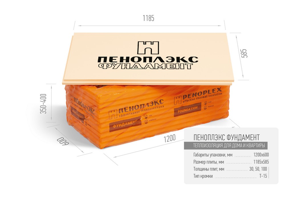 Экструзионный пенополистирол ПЕНОПЛЭКС ФУНДАМЕНТ® 100х585х1185 мм  Т-15
