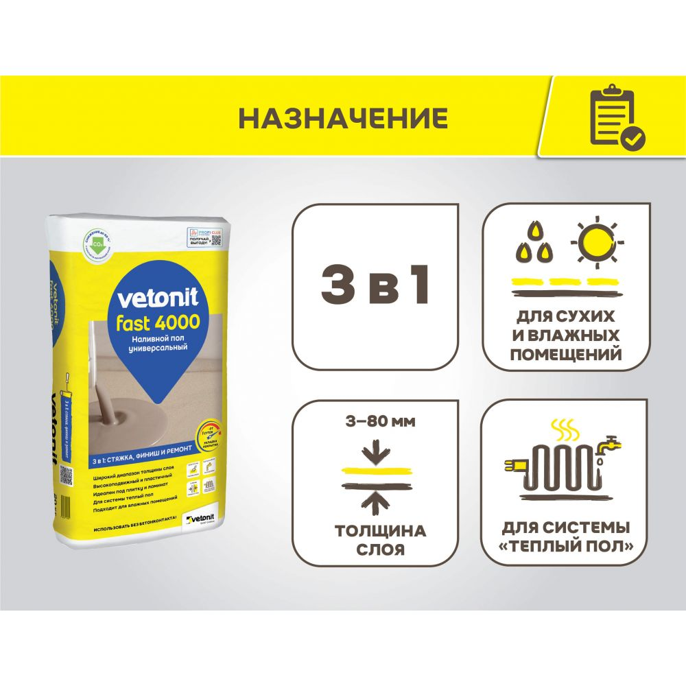 Ветонит фаст 4000 20кг  Универсальный наливной пол (3-80 мм)
